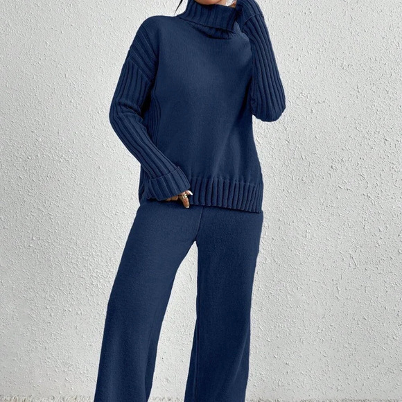 Royal Blue Casual Women's High Neck Drop Shoulder Sweater And Pants - Picture 4 of 5